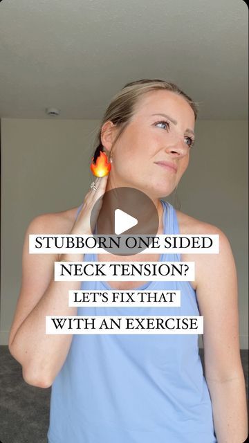 a woman holding an object in her hand with the caption stubborn one sided neck tension? let's fix that with an exercise