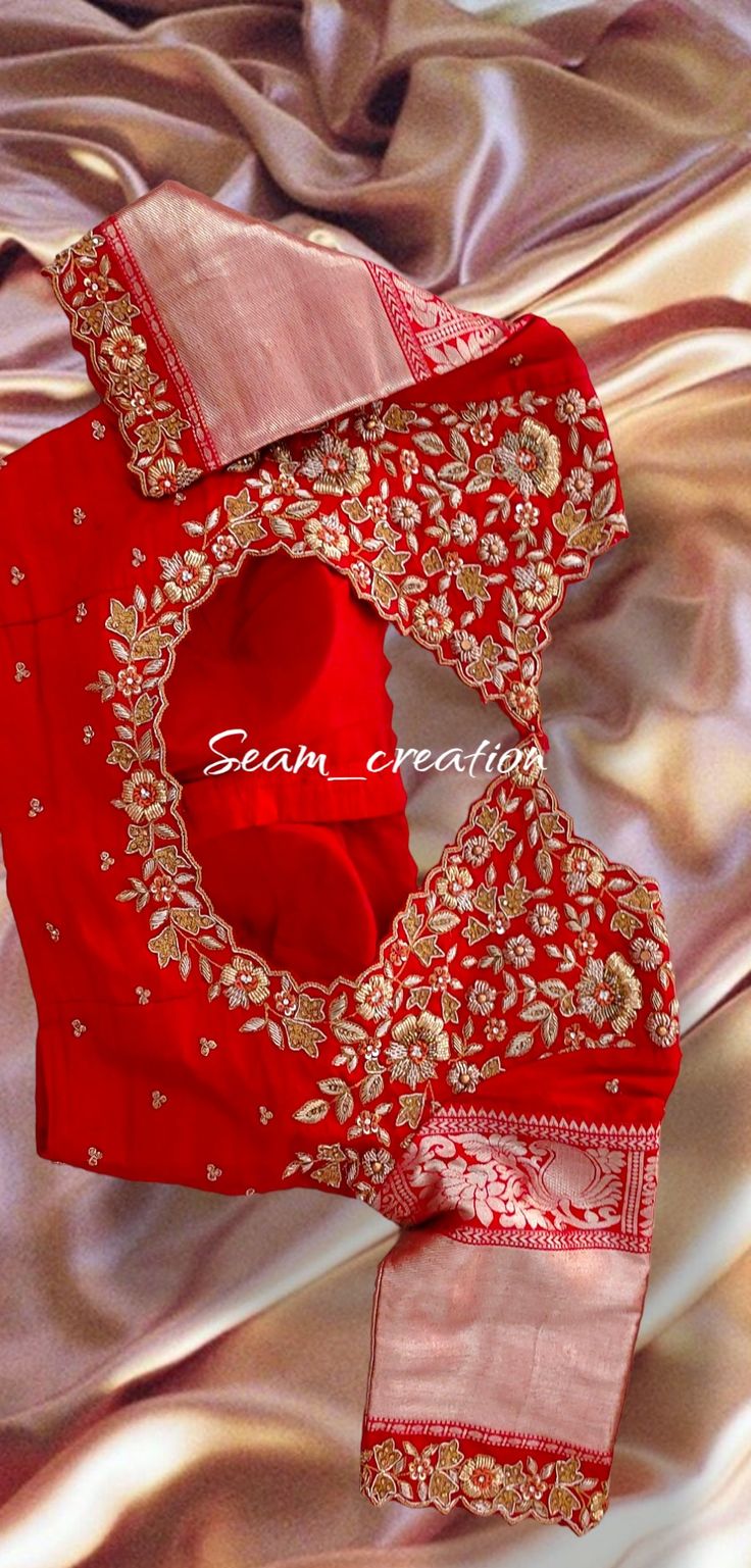 Maggam Work Blouse Designs Latest For Pattu Sarees Half Hands, New Muggum Work Blouse Design, Butta Pusala Maggam Work, House Warming Blouse Designs, Red Blouse With Golden Work, Orange Colour Maggam Work Blouses, Wedding Embroidery Blouse Designs, Mutyam Work Blouse Designs, Maggam Work New Designs