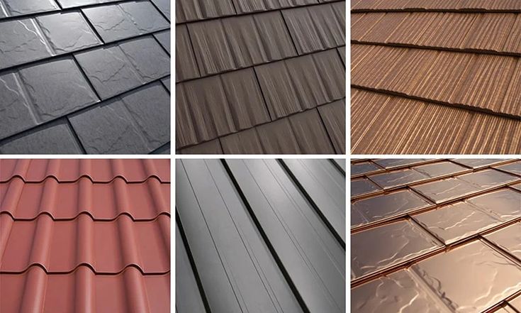 four different types of roofing shingles in various styles and colors, including red