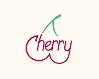 the word cherry written in cursive writing on a white background with red and green accents