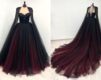 Black Gothic Crystal Beaded Corset Wedding Tulle Dress - Etsy Burgandy Black Wedding Dress, Black And Burgundy Dress, Black And Maroon Wedding Dress, Red And Black Dresses, Alternative Bride Dress, Maroon Wedding Dress, Dark Red Wedding, Burgundy Wedding Dress, Red And Black Corset