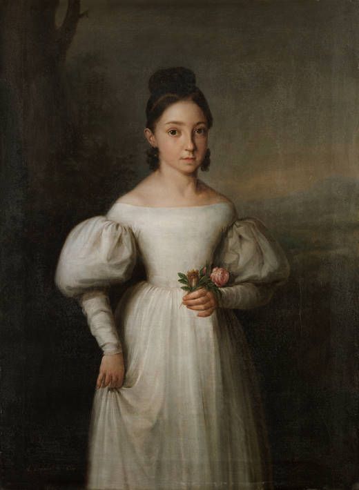 a painting of a woman in a white dress holding a rose and looking at the camera