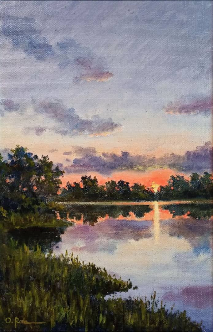 a painting of the sun setting over a lake