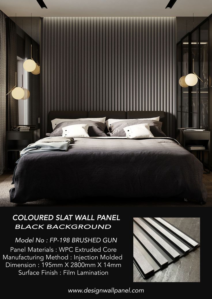 an advertisement for a black and white bedroom with the text, colored wall panel background