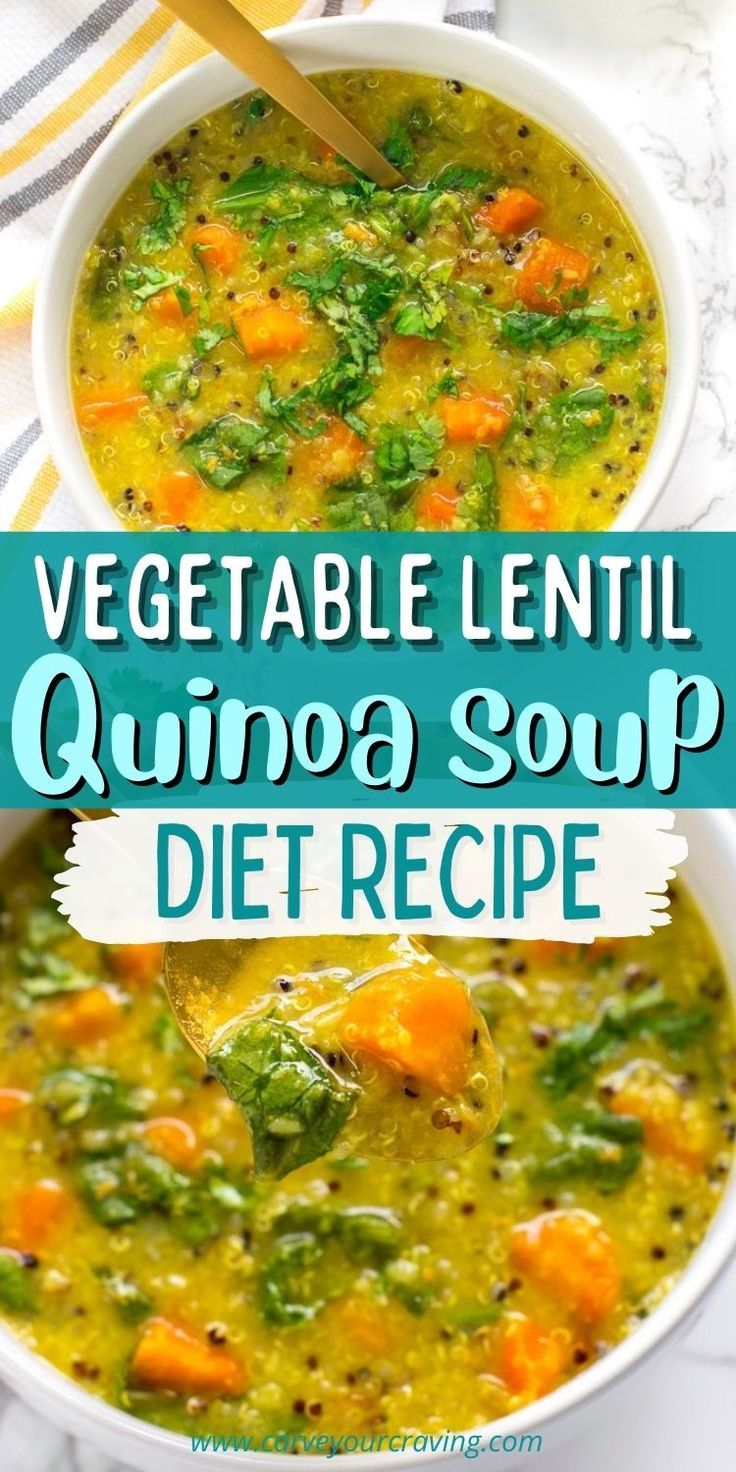 vegetable lentil quinoa soup recipe in a white bowl