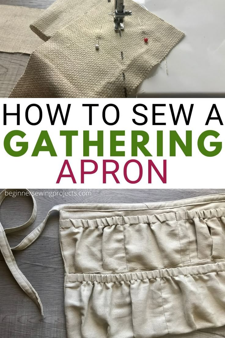 how to sew a gartering apron on the sewing machine with text overlay