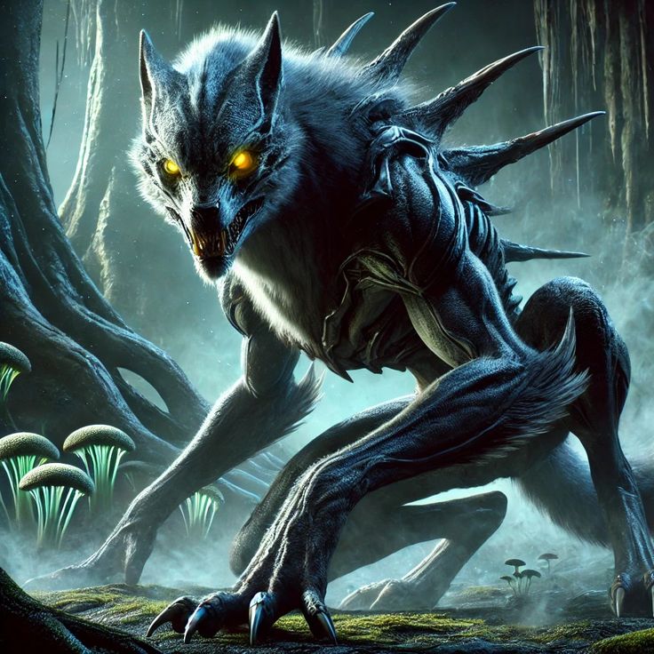 an animal with yellow eyes running through the forest