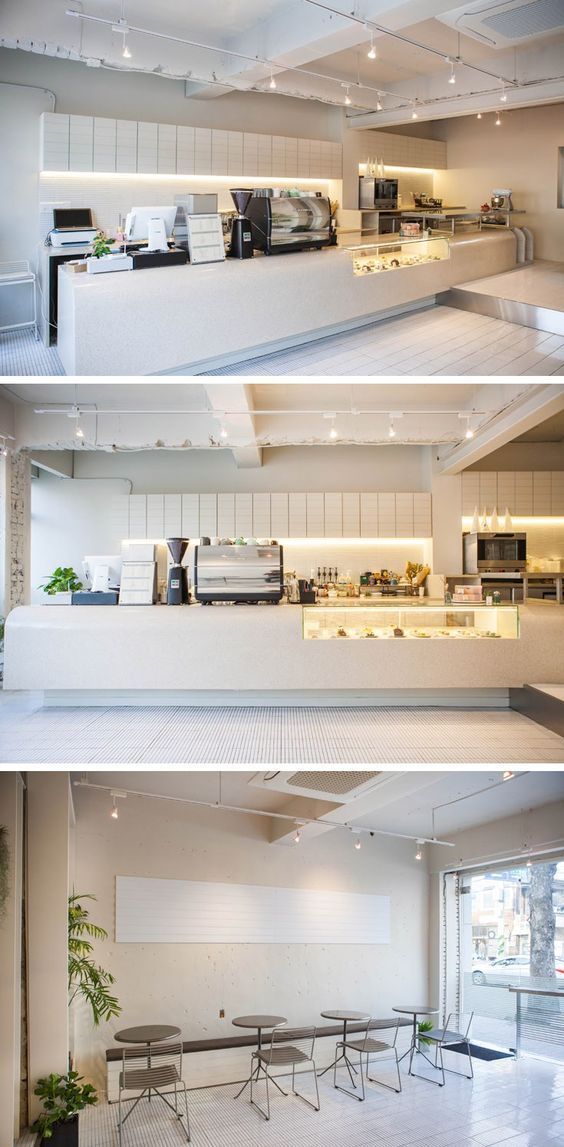 the interior of an office building with white walls and flooring is shown in three different views