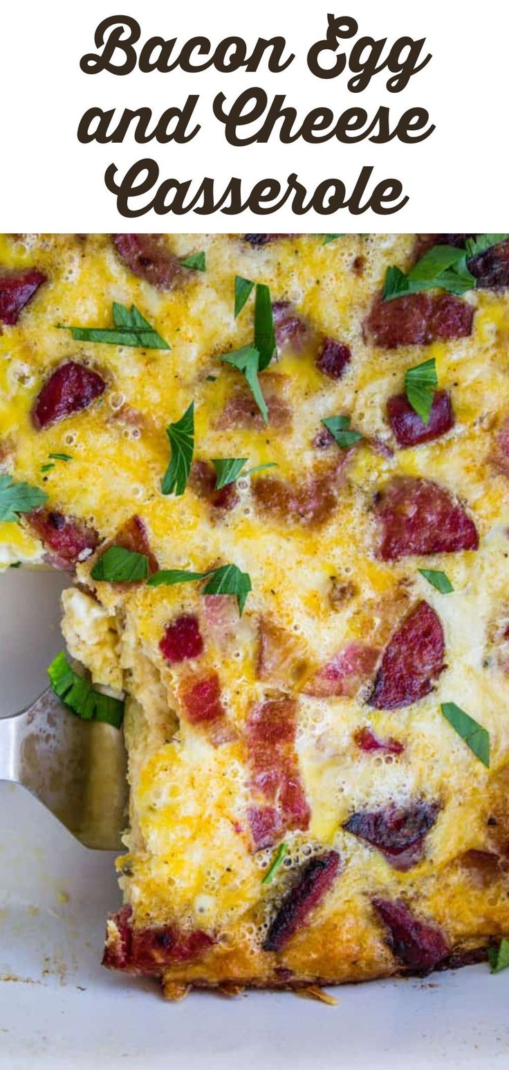 bacon egg and cheese casserole is shown with the title above it