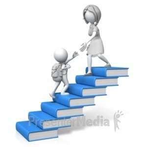 two people are shaking hands on top of books that are lined up in the shape of stairs