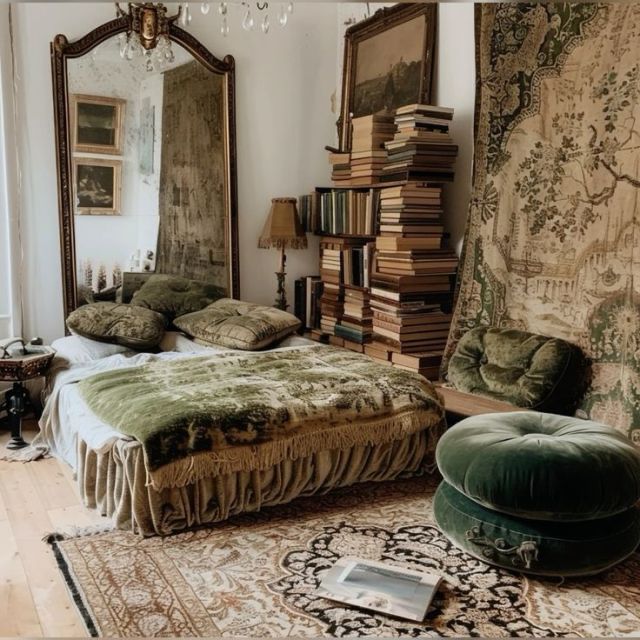 a bedroom with a large bed and lots of books on the wall next to it