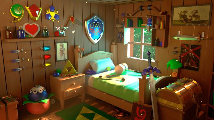 a child's bedroom with toys and decorations on the walls, including a bed