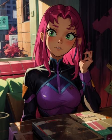 a woman with pink hair and green eyes sitting at a table in front of a window