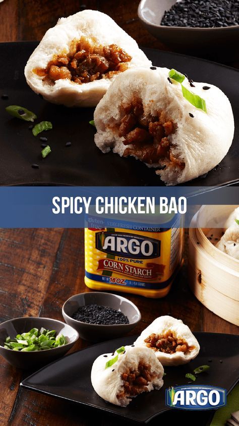 two pictures showing different types of food on black serving trays, with text overlay that reads spicy chicken bao