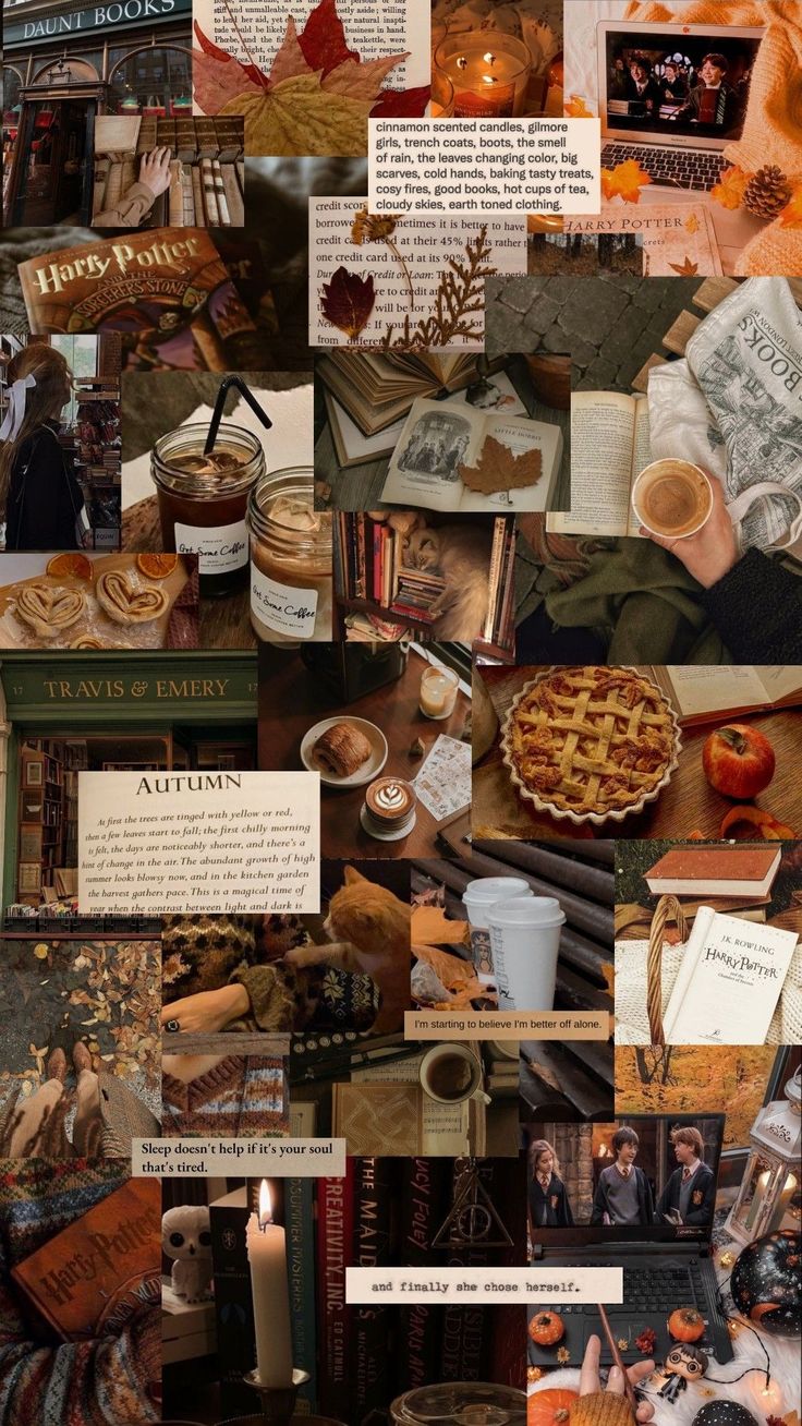 a collage of photos with autumn and fall themes in them, including books, candles, pumpkins, apples, pies, and other items