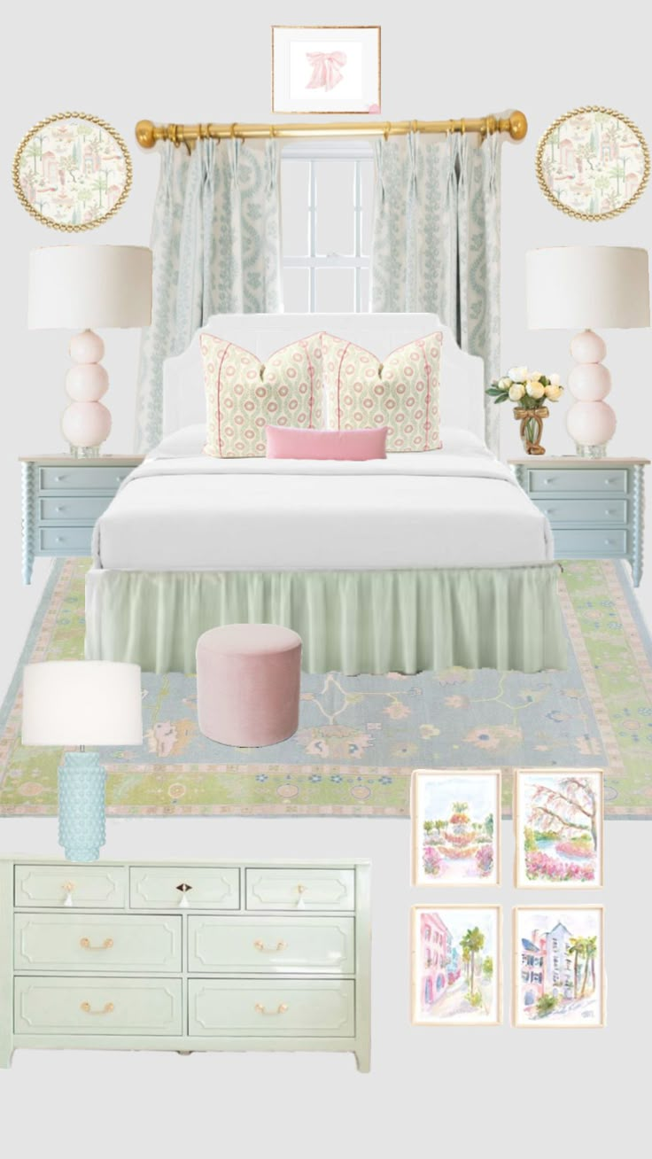 the bedroom is decorated in pastel colors and features pink, white, and green accents