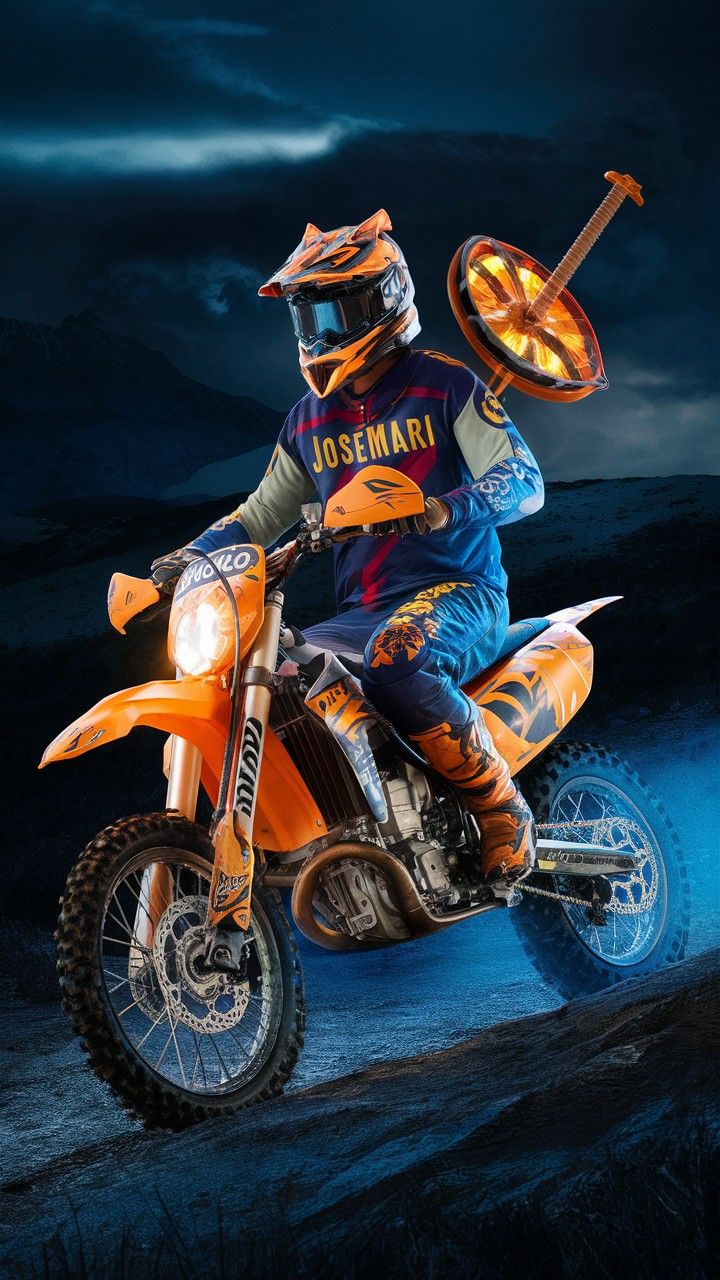 a man riding on the back of an orange dirt bike in front of a dark sky