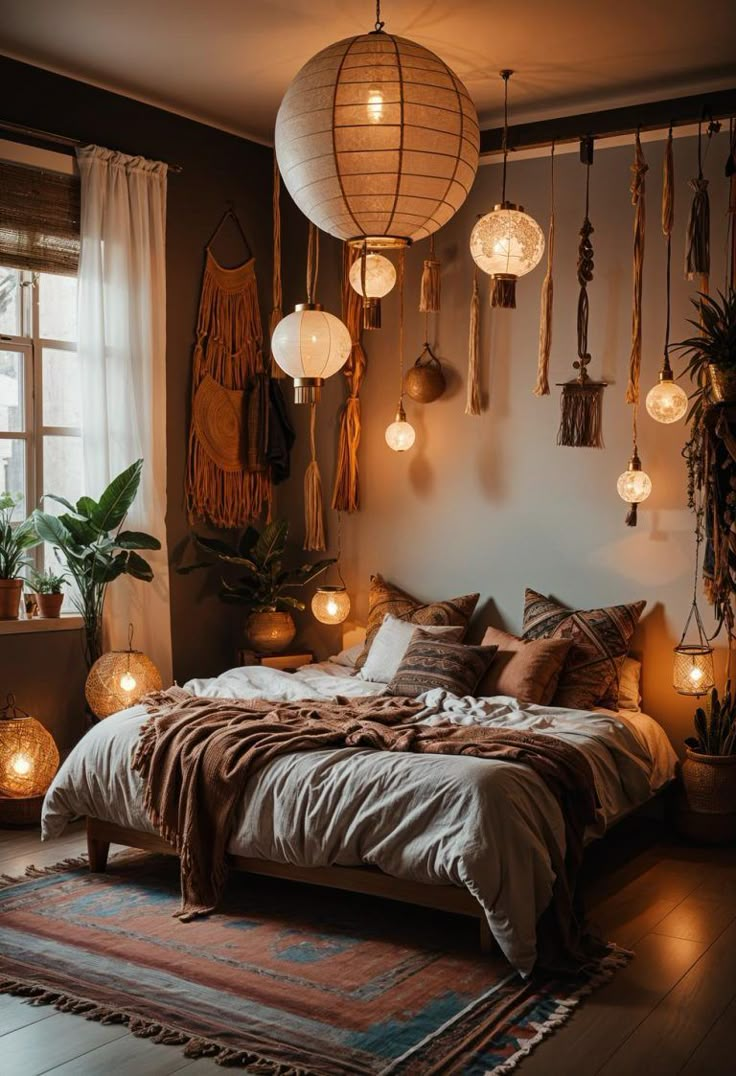 a bedroom with lots of lights hanging from the ceiling