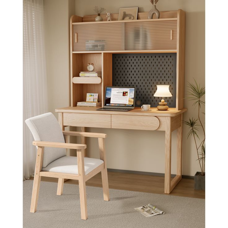 a wooden desk with a laptop computer on it and a chair in front of it