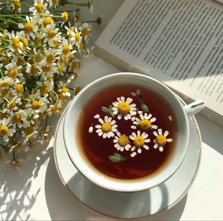 a cup of tea with daisies in it next to an open book