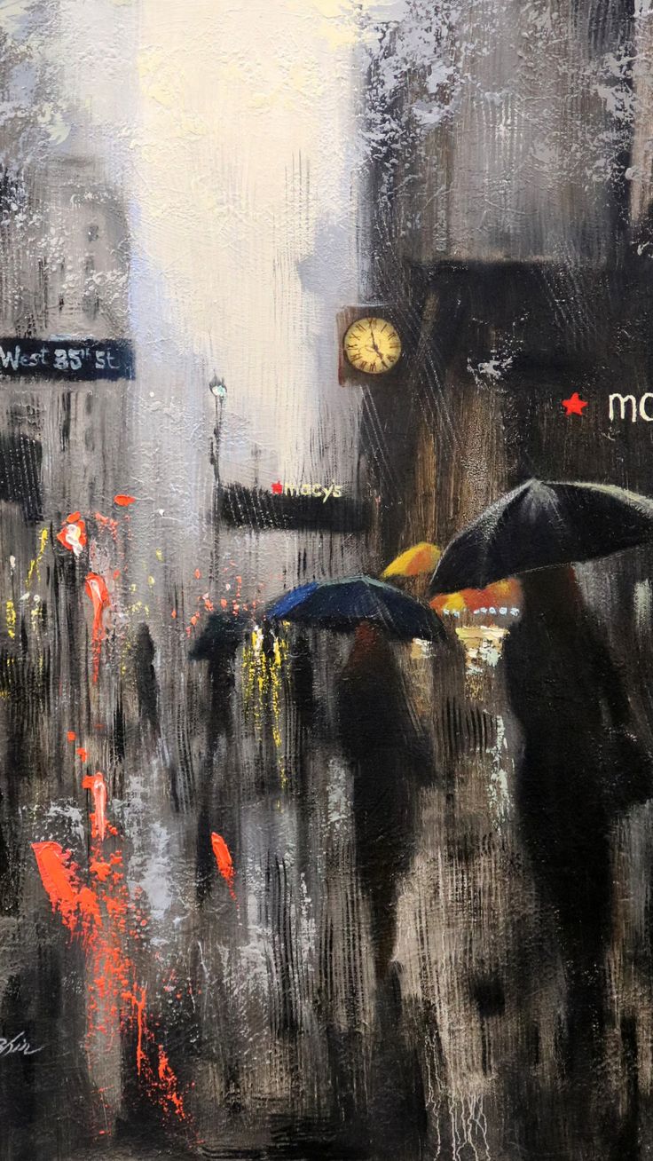 An impressionist scene of a city under the cover of rain. Day Walker, New York Painting, Rainy City, Street Painting, City People, City Painting, Painting Medium, New York Art, Expressionism Painting