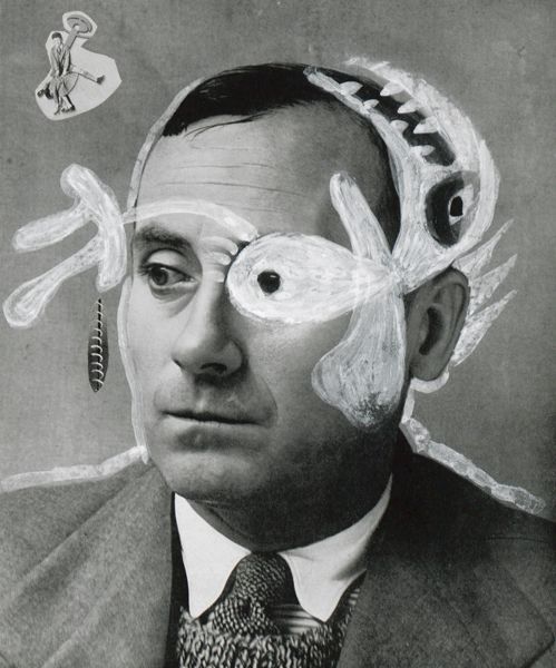 a black and white photo of a man with two birds on his head