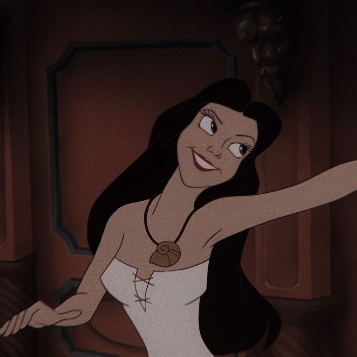 an animated woman in a white dress pointing at something with her right hand and smiling