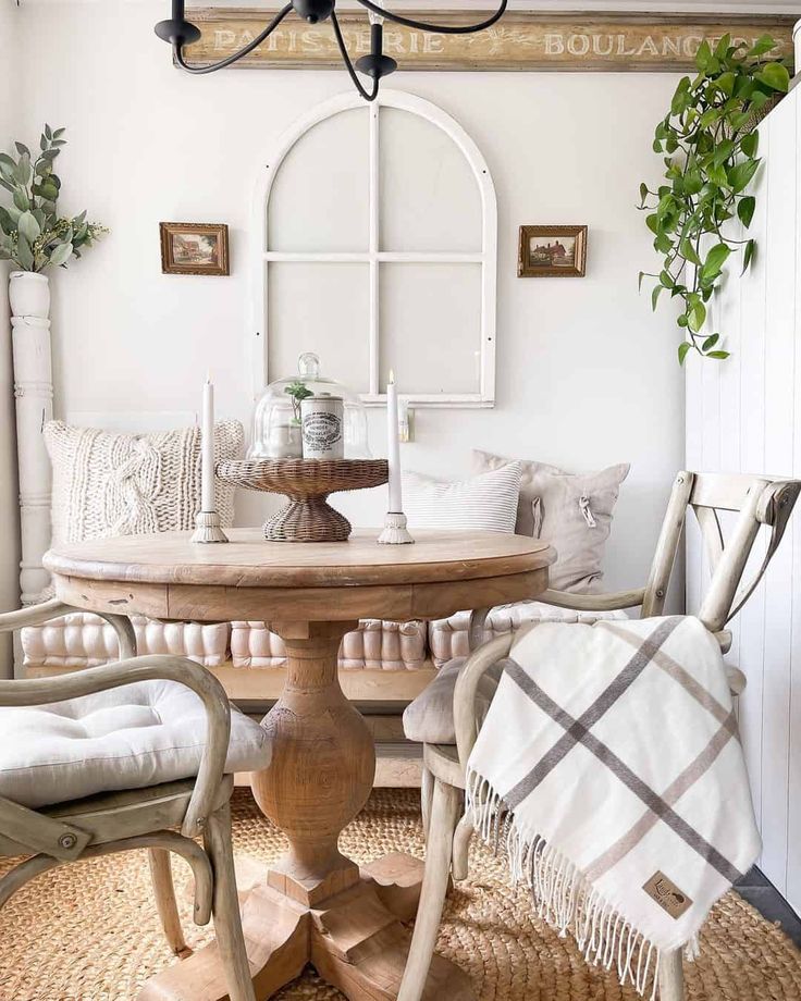 a table and chairs in a room with white walls