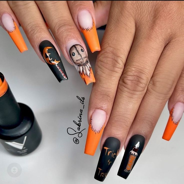 Halloween Nails Trick Or Treat, Nail Art Horror, Trick Or Treat Nails, Horror Nails Acrylic, Fall Nail Sets, Masculine Nail Designs, Horror Nail Art, Ongles Halloween, Gothic Nail Art