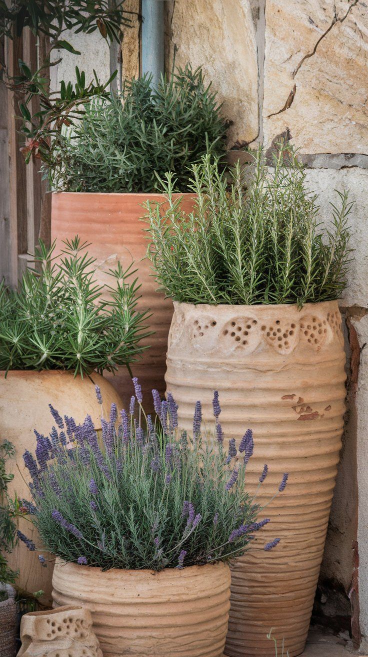 three large clay pots with lavender plants in them