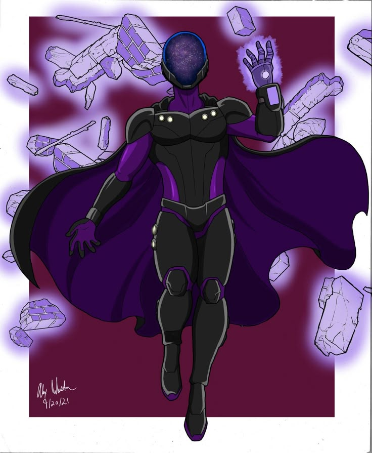 a drawing of a man dressed in black and purple