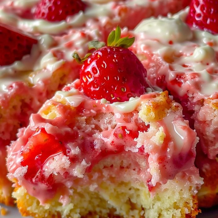 a close up of a piece of cake with strawberries on top and icing