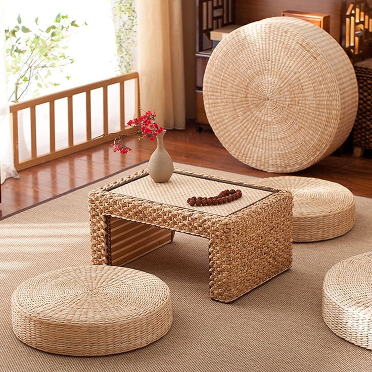 wicker tables and stools in a living room