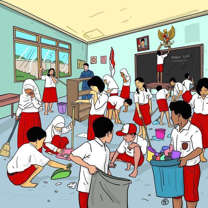 a group of people in red and white uniforms are doing various tasks together while others watch