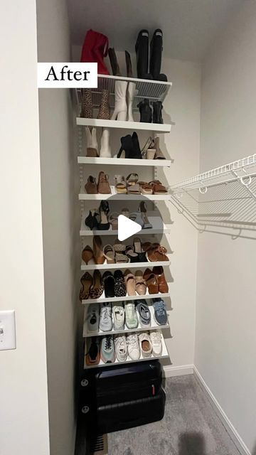 a walk in closet with white shelves filled with shoes