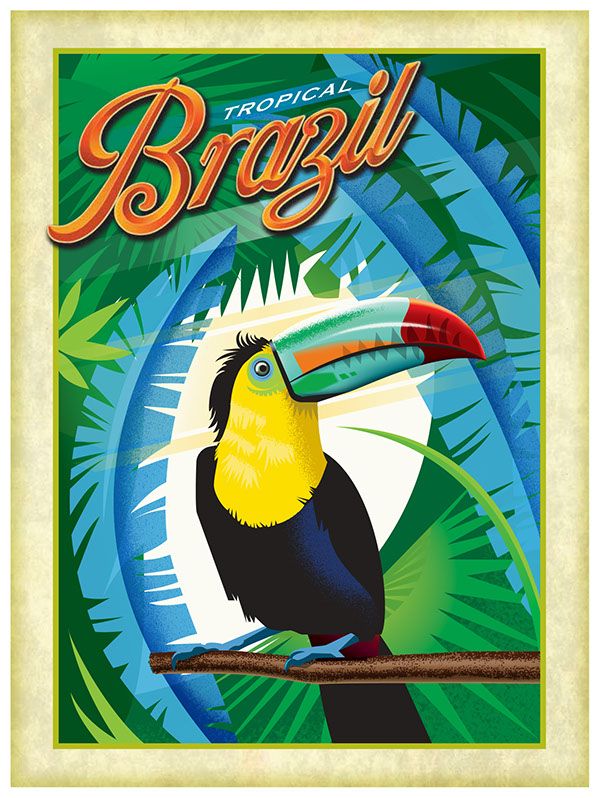 a colorful poster with a toucan bird on it's head and the words tropical brazil