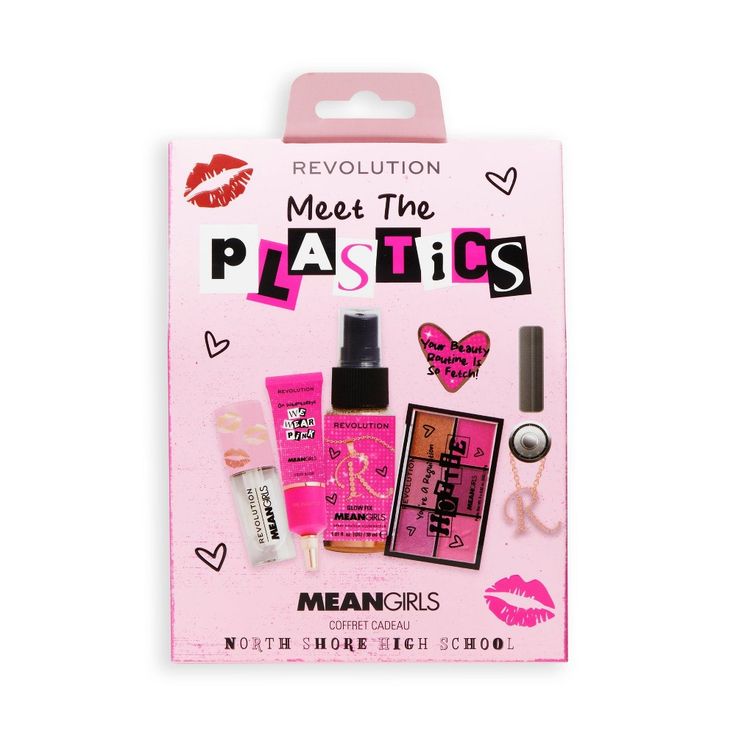 Makeup Revolution x Mean Girls The Plastics Mini Set - 4pc Mean Girls Burn Book, 00's Makeup, The Plastics, Fixing Spray, Girl Gift Set, Makeup Train Case, Liquid Blush, Clear Lip Gloss, Mini Pink