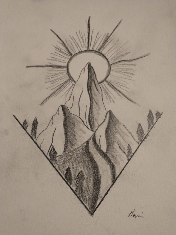 a drawing of mountains with the sun above them