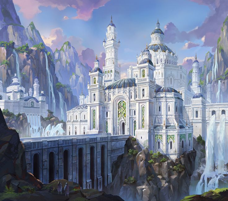 an artistic painting of a castle in the middle of a mountain with waterfall and mountains behind it