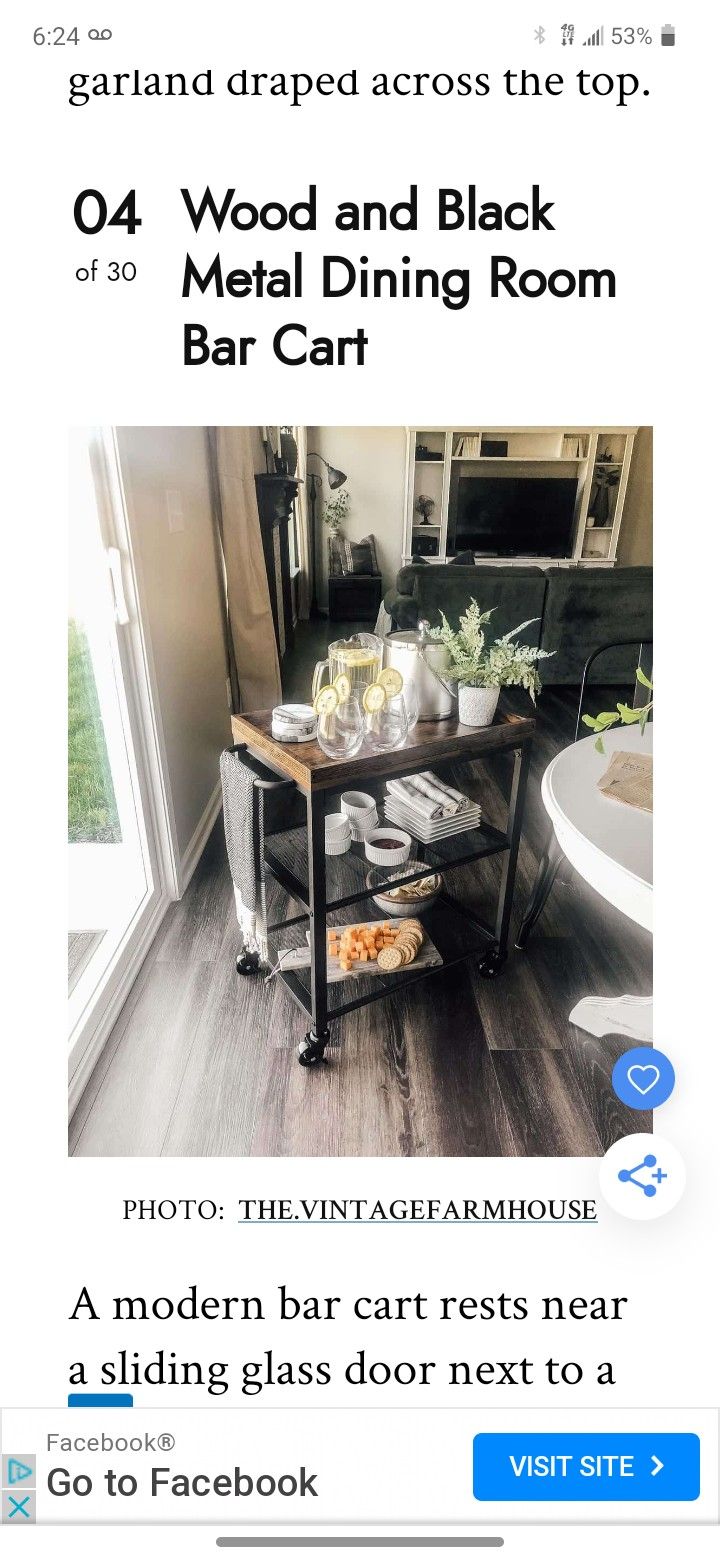 an ad for a metal dining room bar cart with text overlaying the image