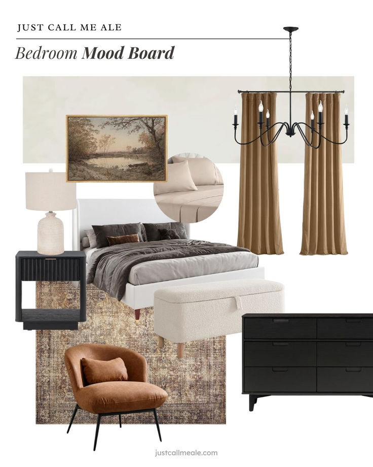 a bedroom mood board with furniture and decor