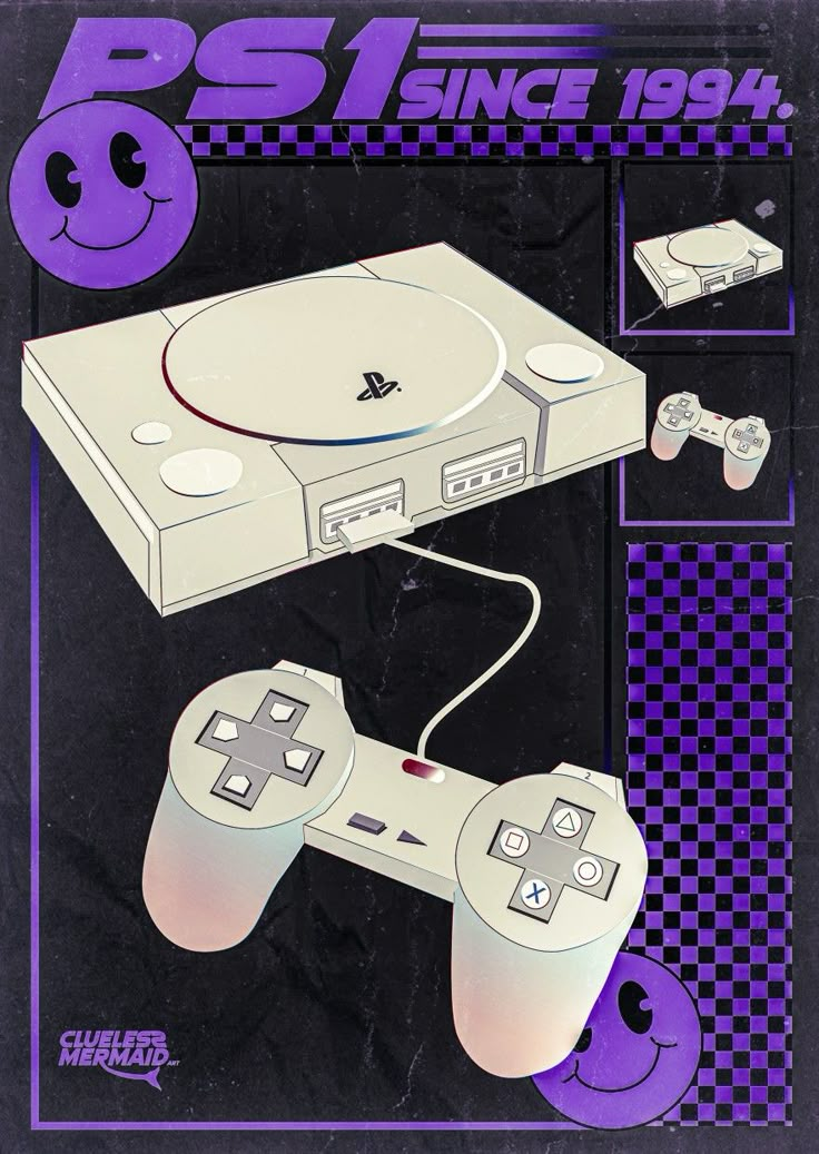 an advertisement for a video game console with two controllers in front of it and the words ps1 since 1994