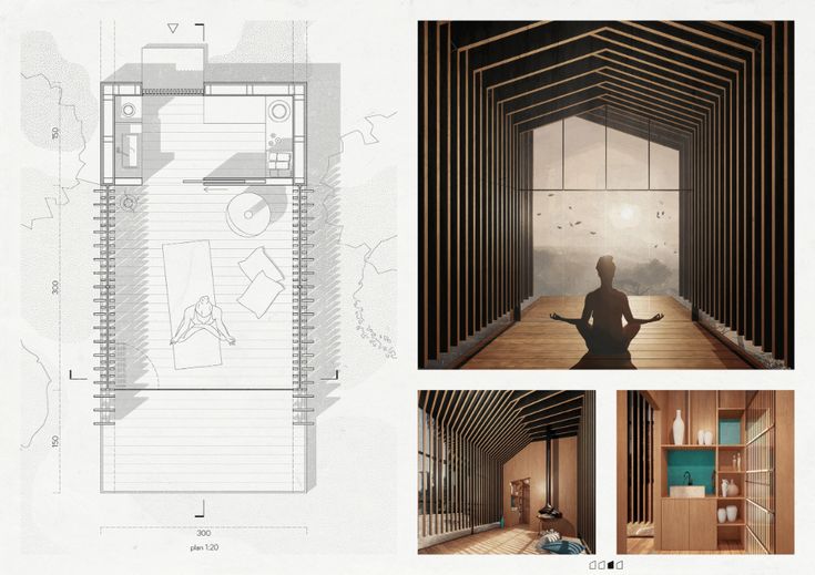 an architectural rendering of a person sitting in a room with wooden walls and flooring