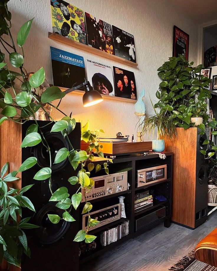 a living room filled with lots of plants next to a wall mounted record player and speakers