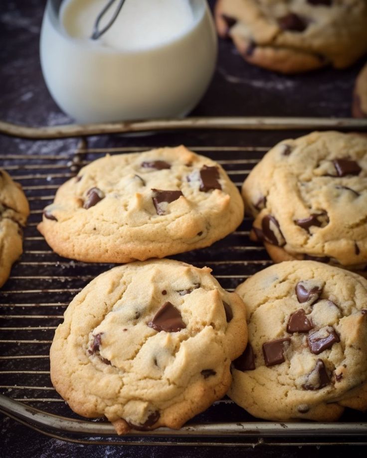 chocolate chip cookies cooling on a wire rack with milk in a glass bottle behind them