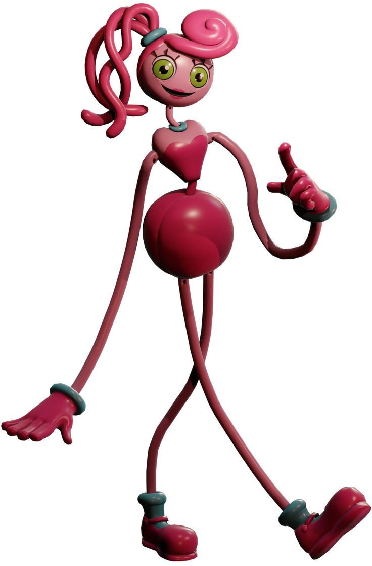 a pink cartoon character with green eyes and long legs, giving the thumbs up sign