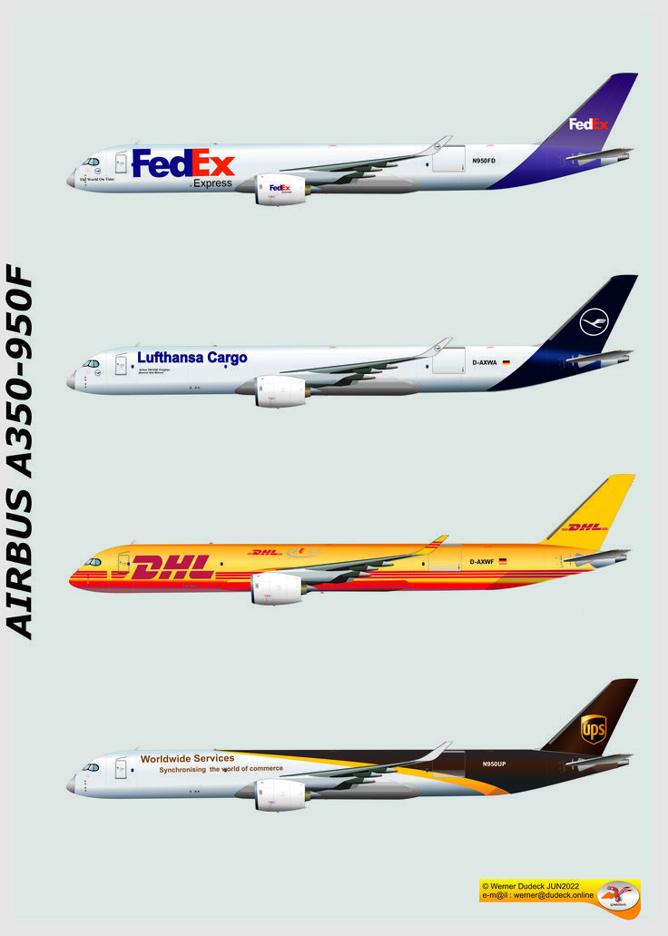 four different types of commercial airliners are shown in this graphic above the words fedex, lufthansa cargo and dhl