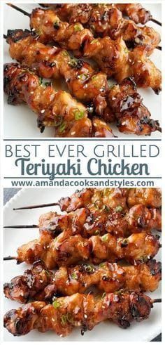 two plates with chicken skewers on them and the words amazing grilled teriyaki chicken skewers