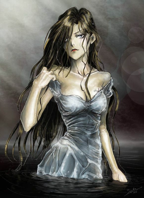 a painting of a woman in the water with long hair and wearing a white dress