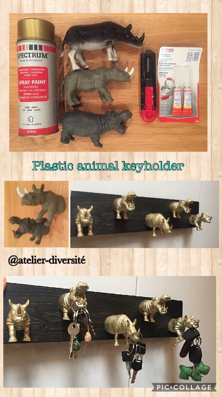 there are several different types of toy animals on the shelf and below them is an article about plastic animal keyholders